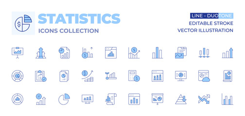 Statistics icons collection. Line Duotone style, editable stroke. files, infographics, investment, statistics, reporting, maslow pyramid, analytics, bar chart, calculator, chart, development