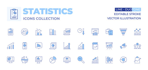 Statistics icons collection. Line Duotone style, editable stroke. analysis, analytics, bar chart, comparison, growth, pie chart, book, data management, analyze, benefits