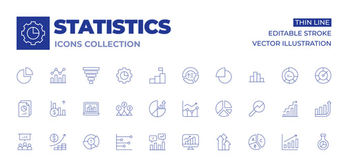 Statistics icons collection. Thin Line icons, editable stroke. graph, growth, magnifying glass, pie chart, laptop, levels, line chart, line graph, stats, files, investment, statistics