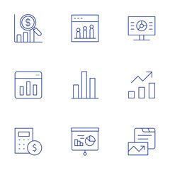 Statistics icons set. Thin Line style, editable stroke. analytics, bar chart, calculator, chart