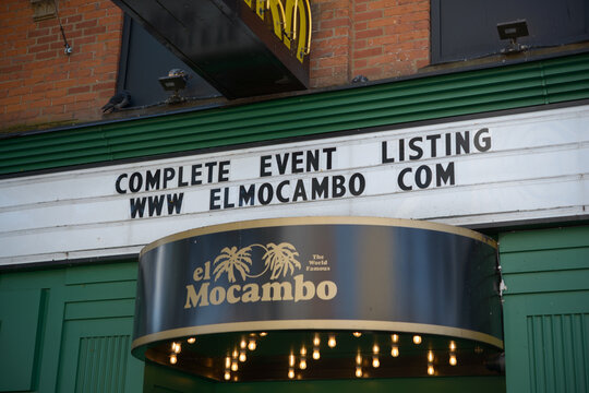 exterior building facade and marquee sign of El Mocambo, a historic live music venue, located at 464 Spadina Avenue in Toronto, Canada