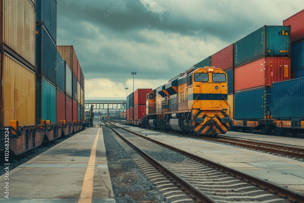Aufkleber A freight train is being loaded with colorful containers at a bustling railway station as clouds loom overhead. Generative AI