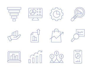 Statistics icons. Thin Line style, editable stroke. analysis, analytics, bar chart, funnel, gear, growth, laptop, levels