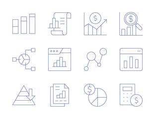 Statistics icons. Thin Line style, editable stroke. graphic, grow, infographics, maslow pyramid, money management, analytics, bar chart, business report, calculator, statistics