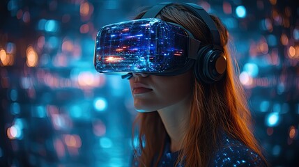 A female uses a VR headset, immersed in a digital environment that blends futuristic technology with interactive experiences.