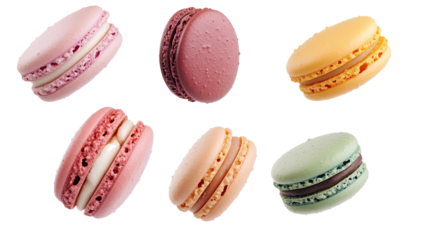 Colorful Macarons Floating in the Air Against a Bright Background Generative AI