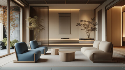 Fototapeta premium A serene Japandi-inspired living room featuring minimalist decor, with elegant blue and beige armchairs harmoniously blending natural elements and modern aesthetics.