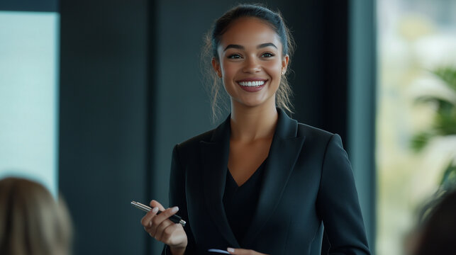 businesswoman in a tailored black suit, standing at the center of a modern meeting room, holding a presentation clicker, engaging with an attentive audience through eye contact and dynamic gestures