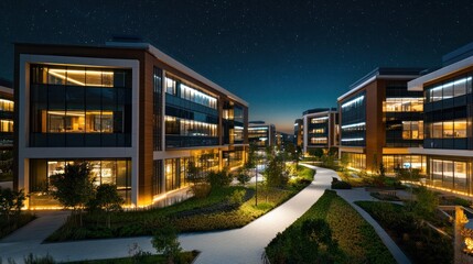 Obraz premium panoramic view of a contemporary business center at night,