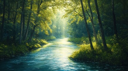 Obraz premium peaceful river winding through a dense forest,