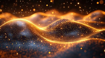 Obraz premium A flowing wave of digital particles in gold, representing an abstract technology background concept.