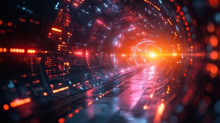 Obraz premium A future-oriented technology concept blends cyber elements, web services, and geometric abstract designs, all set against a dynamic dark backdrop.