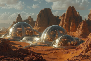 A space colony concept with domes on Mars, highlighting the potential for human settlement on other...