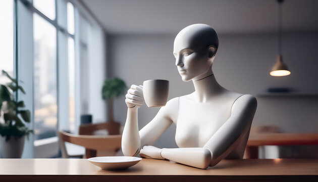 eine wei&szlig;e Schaufensterpuppe ohne Haare &auml;hnlich einem Roboter sitzt an einem Tisch und trinkt Kaffee mit einem Becher in der Hand