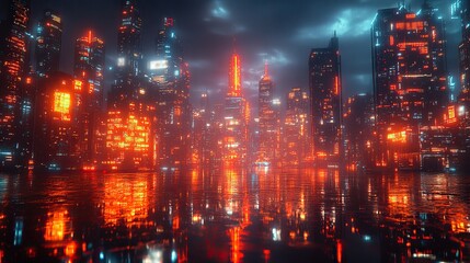 A futuristic cityscape with neon lights reflects modern architecture and high-tech environments, capturing the essence of advanced urban design.