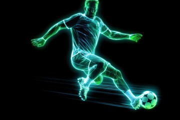 Fototapeta premium Soccer player kicking the ball, hologram effect on white background