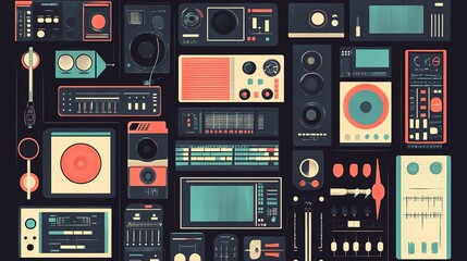 Obraz premium Iconography of a university radio station, featuring elements such as microphones, headphones, radio waves, and academic symbols. A design that blends education, communication, and media, 