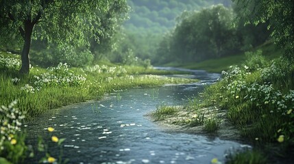 Serene Nature Landscape with Flowing Stream and Greenery