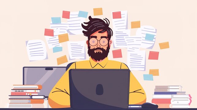 Chaotic UX designer  juggling multiple tasks at once, showcasing the challenges of managing parallel design projects. A scene that highlights multitasking, stress, and creativity in the fast-paced