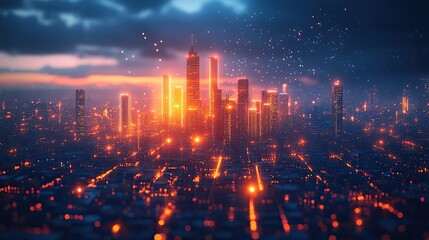 Fototapeta premium A futuristic smart city concept with abstract bright lights against a blue backdrop, highlighting innovative urban architecture.
