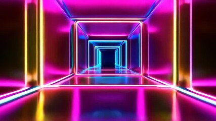 Glowing neon corridor with infinite geometric perspective, 4K futuristic digital cyber tunnel symmetrical visualizer - Powered by Adobe