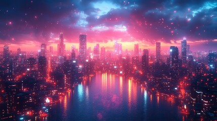 Obraz premium A futuristic smart city in the metaverse, where AI, IoT, and innovation transform urban living with 3D models of city buildings.
