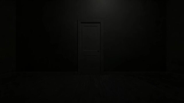 Closed interior black door opening to white space, Doorway open transition opens to outside on solid dark backdrop