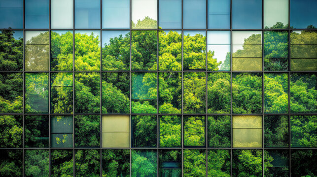 Fototapeta A building with a green tree reflected in its windows
