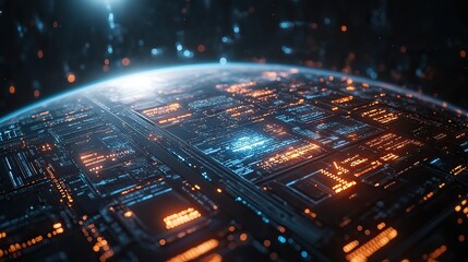 Obraz premium A futuristic style 3D illustration of Earth with data and AI networks, depicting global internet and cyber technology.