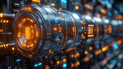 A futuristic tech banner features golden and silver technology components with blue lights, rendered in 3D to highlight advanced design elements.