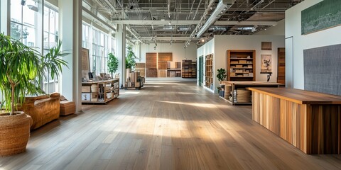 Fototapeta premium Green Building Materials Showroom with Sustainable Products like Bamboo Flooring and Recycled Glass Countertops