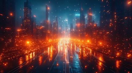 Obraz premium A futuristic urban landscape blending modern architecture and digital technology, highlighting urban innovation.