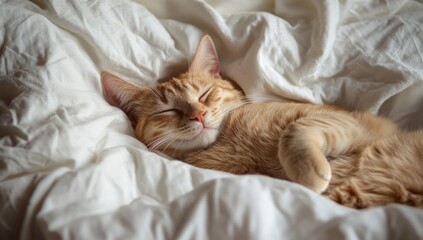 Obraz premium A cute orange tabby cat sleeps peacefully in a white bed.