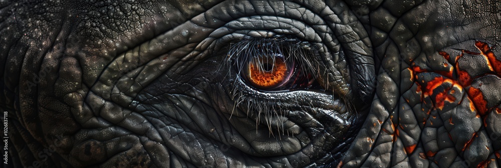 Poster this close-up captures an elephant's eye, emphasizing the remarkable skin details and the intense ga
