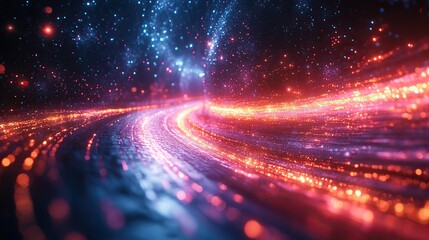 Obraz premium A galaxy-themed background with space and technology elements, highlighted by motion light trails and abstract visuals.