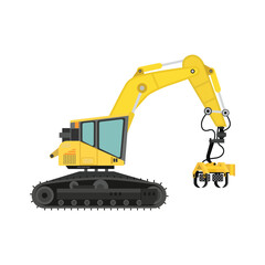 Vector illustration of feller buncher in cartoon flat style. Heavy forestry machine industry for harvesting log.  Harvester vehicle for worknig at forest area for delimbing, cutting and sorting wood