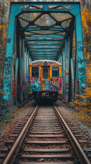 Obraz premium Vibrant graffiti covered train passing over old steel bridge, surrounded by colorful autumn foliage, creates striking urban scene