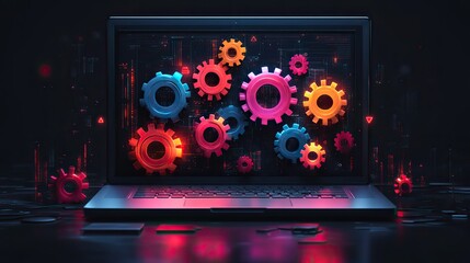 A generative AI illustration of a laptop with intersecting colorful gears on screen, set against a dark background.