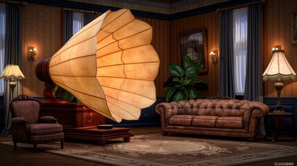 Obraz premium A Vintage Living Room with a Large, Illuminated Horn Speaker