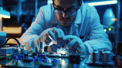 Engineer is holding the chip and placing it on an electronic board