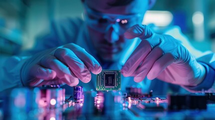 Engineer is holding the chip and placing it on an electronic board
