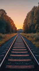 Fototapeta premium Golden hour light hitting railroad tracks stretching into distance, surrounded by lush trees and serene landscape. warm glow creates peaceful atmosphere