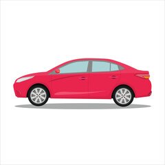 Vector illustration of single sedan in cartoon flat style. Compact sedan land vehicle in colorful with shadow. Modern technology of transportation. Luxury car in side view. Gasoline and electric car