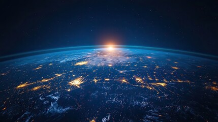 Fototapeta premium A global telecommunication network encircles the Earth, emphasizing 5G connectivity, blockchain, IoT, and satellite communications in smart cities.