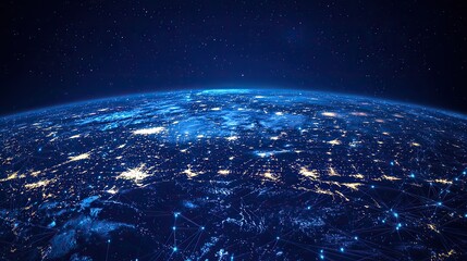 Obraz premium A globalized view of Earth through technology is depicted with particle line trajectories, highlighting the interconnected nature of digital networks.