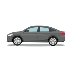 Vector illustration of single sedan in cartoon flat style. Compact sedan land vehicle in colorful with shadow. Modern technology of transportation. Luxury car in side view. Gasoline and electric car