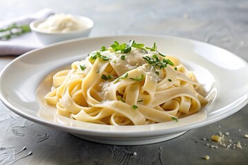 Creamy fettuccine with Parmesan on white plate