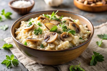 Creamy mushroom risotto garnished with parsley and Parmesan cheese close-up