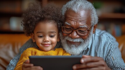 A grandfather and child bond over tablet games, exploring the educational and supportive capabilities of digital technology.