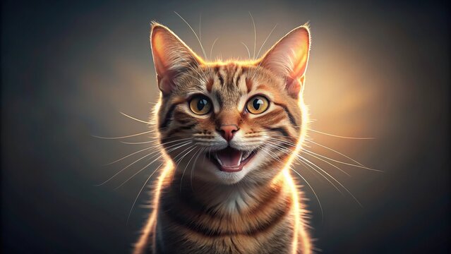 Credible cat smiling in volumetric lighting, happy and funny